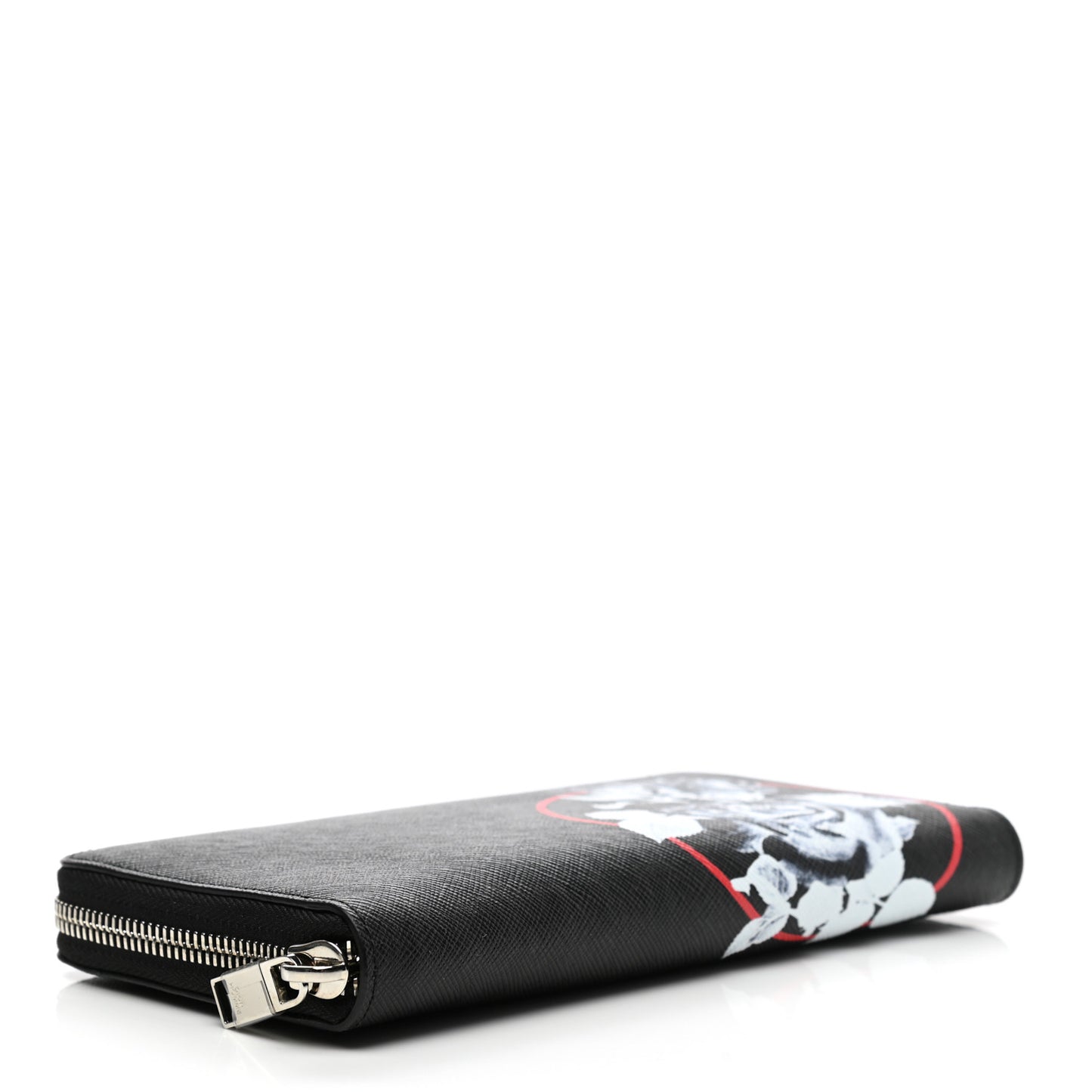 Grained Calfskin Rose Print Voyageur Zip Around Wallet Black Multicolor