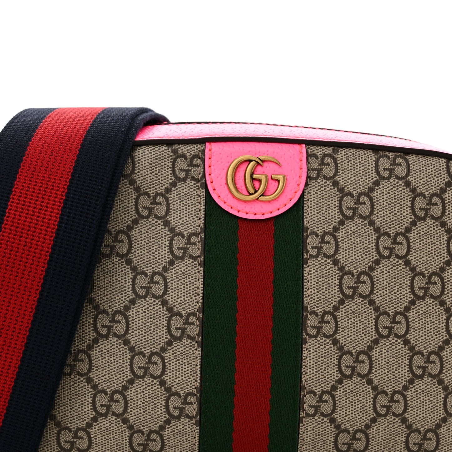 GG Supreme Monogram Textured Dollar Calfskin Web Ophidia Small Crossbody Bag Beige Ebony Fuchsia