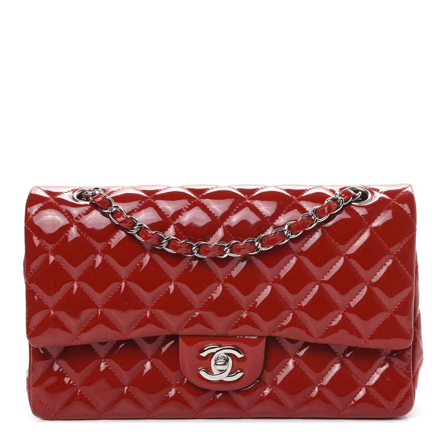 Patent Calfskin Quilted Medium Double Flap Red