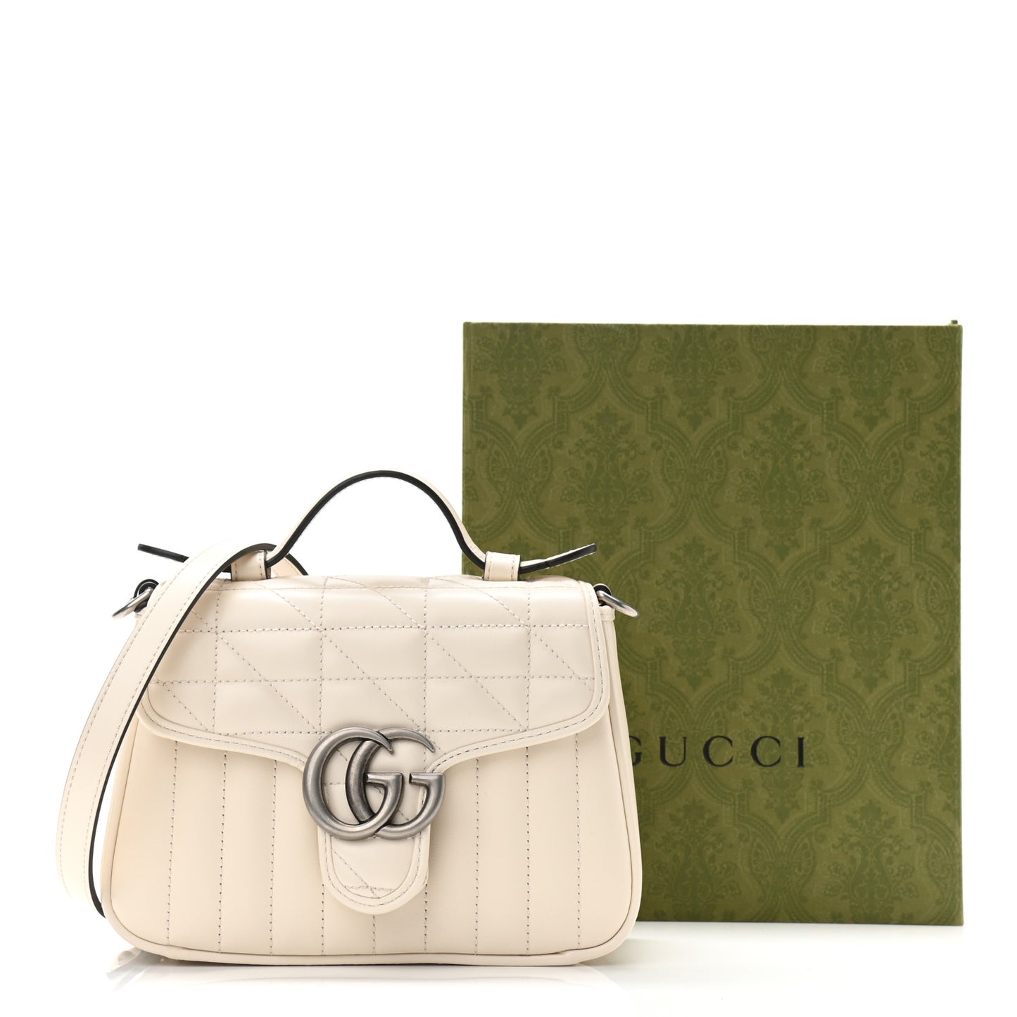 Calfskin Matelasse Aria Mini GG Marmont Top Handle Shoulder Bag Mystic White