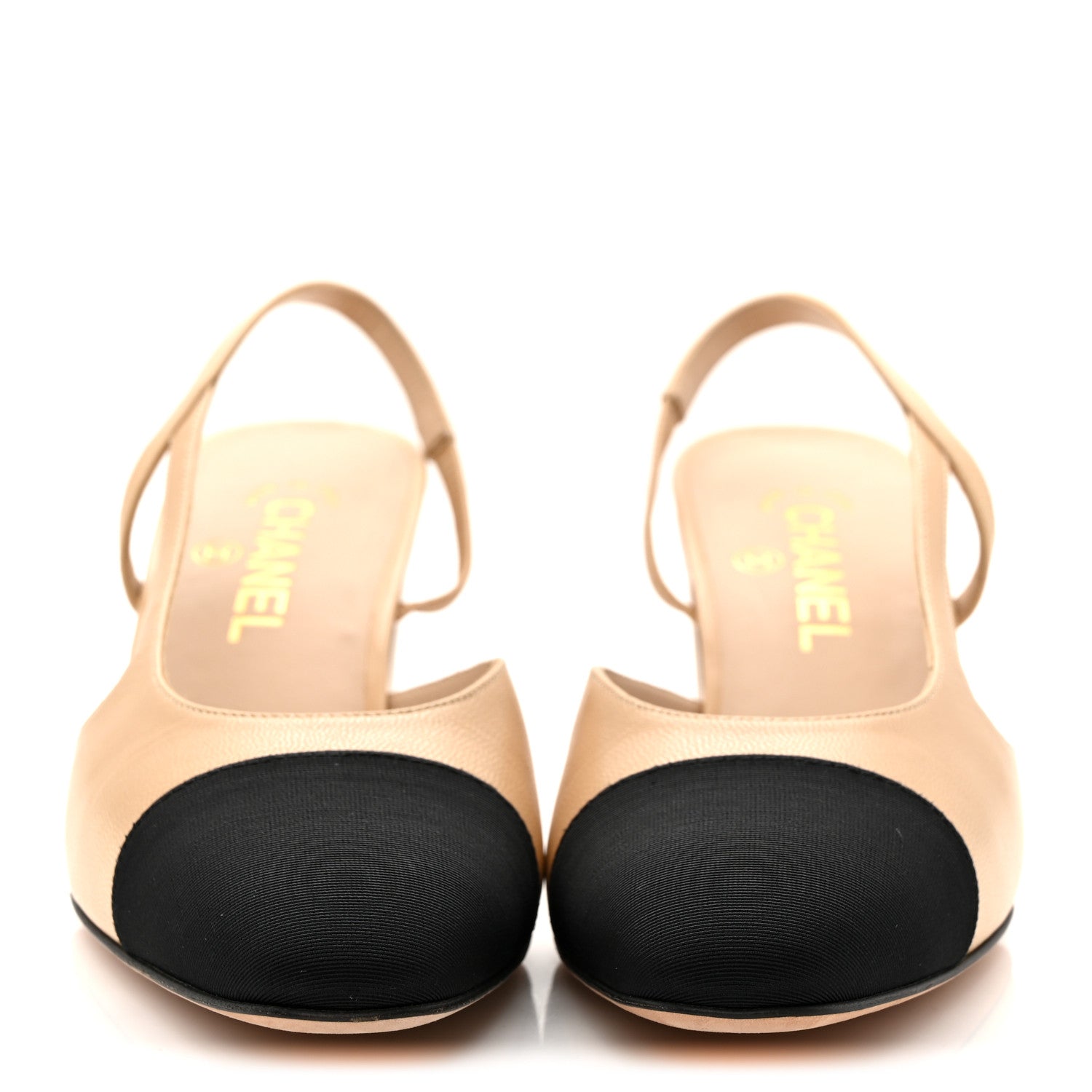 Chanel Goatskin Grosgrain Cap Toe CC Slingback Pumps 39.5 Beige Black 6 of 11
