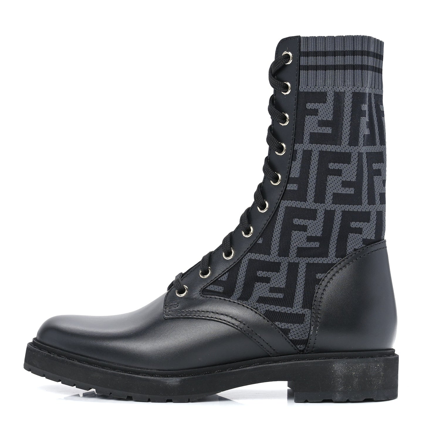 Calfskin Stretch Fabric FF Rockoko Biker Boots 38.5 Black Charcoal