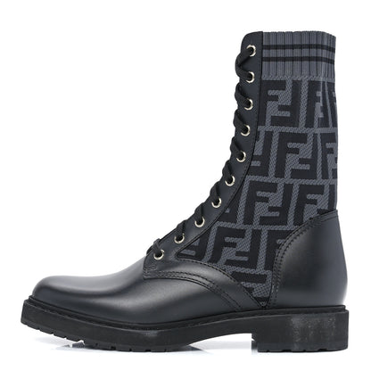 Fendi Calfskin Stretch Fabric FF Rockoko Biker Boots 38.5 Black Charcoal 1 of 8