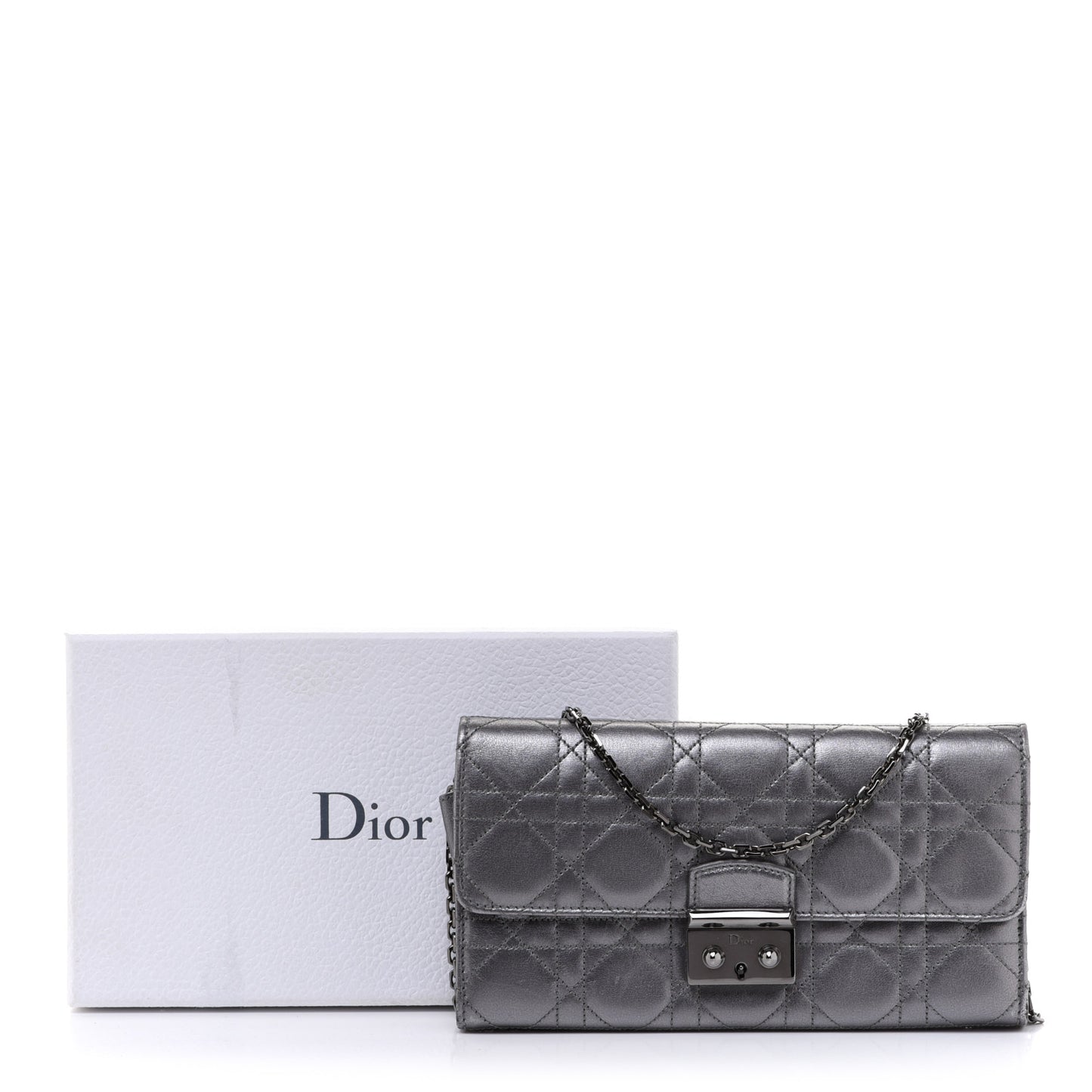 Metallic Lambskin Cannage Miss Dior Chain Wallet Silver