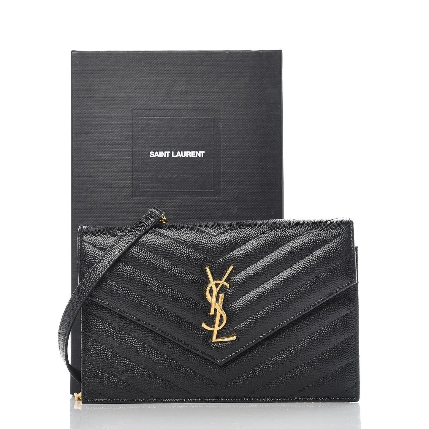 Grain De Poudre Matelasse Chevron Monogram Envelope Chain Wallet Black