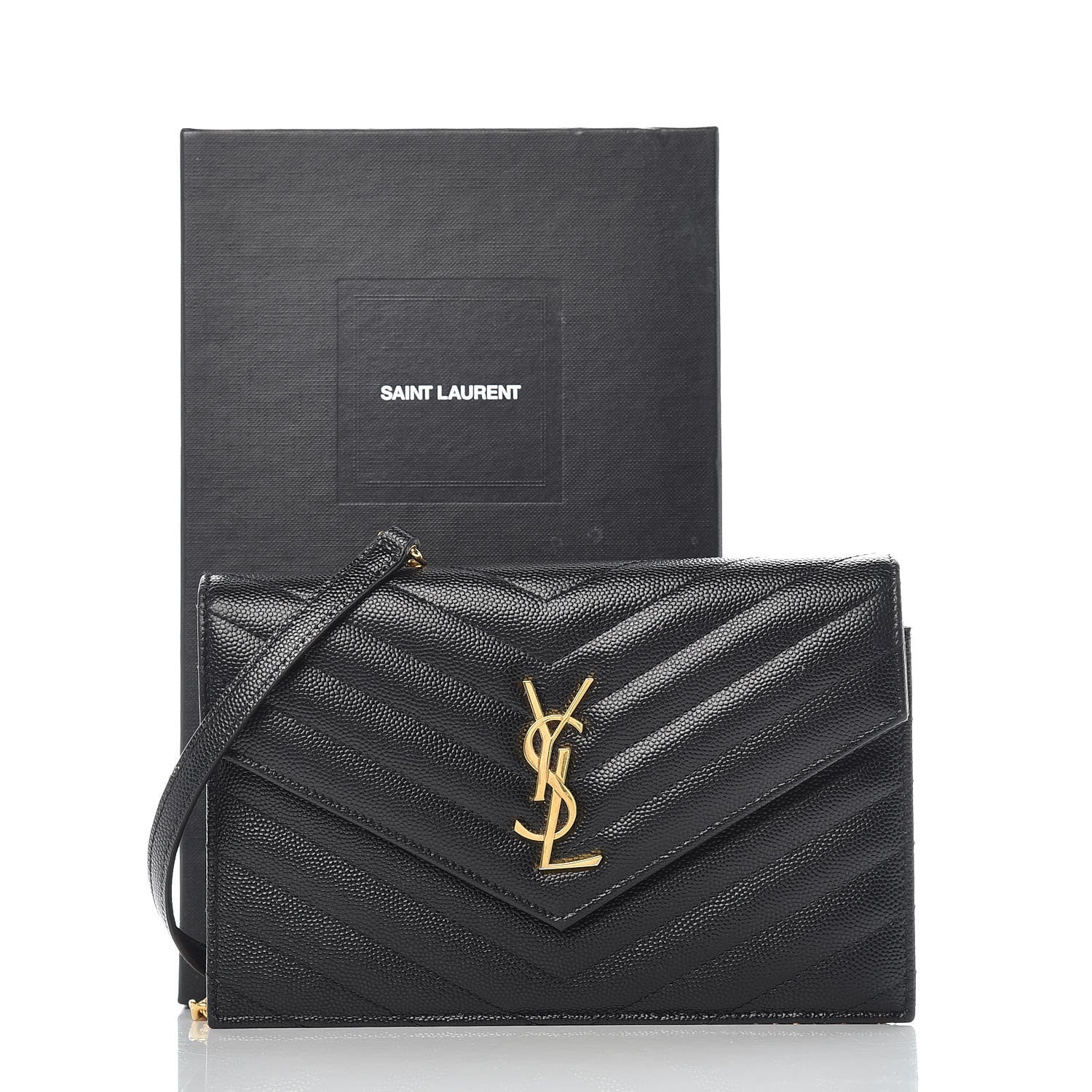 Saint Laurent Grain De Poudre Matelasse Chevron Monogram Envelope Chain Wallet Black 10 of 10