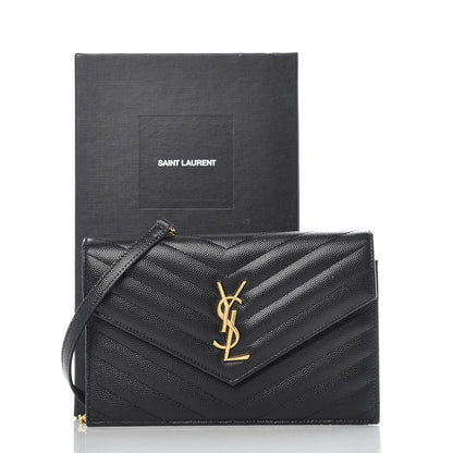 Saint Laurent Grain De Poudre Matelasse Chevron Monogram Envelope Chain Wallet Black 10 of 10