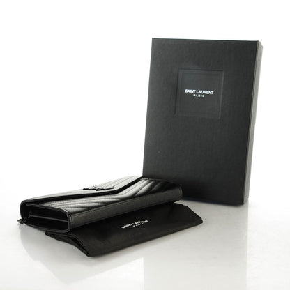 Saint Laurent Grain De Poudre Matelasse Chevron Medium Monogram Chain Wallet Black 4 of 7