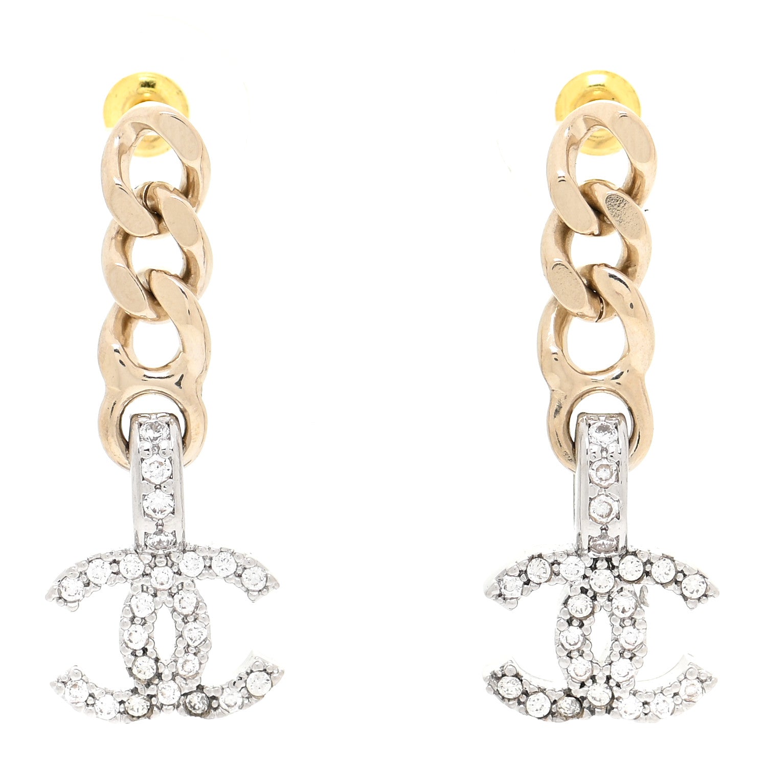 Chanel Metal Crystal CC Chain Drop Earrings Gold 1 of 5