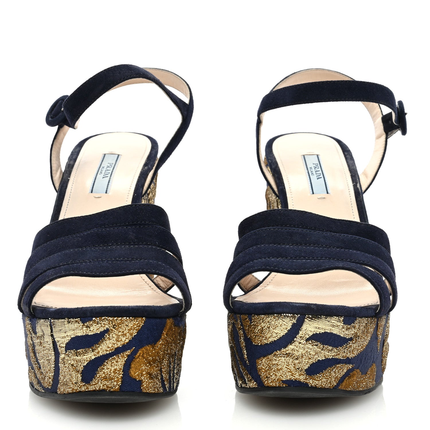 Prada Suede Brocade Wedge Sandals 40 Blue Gold 3 of 7