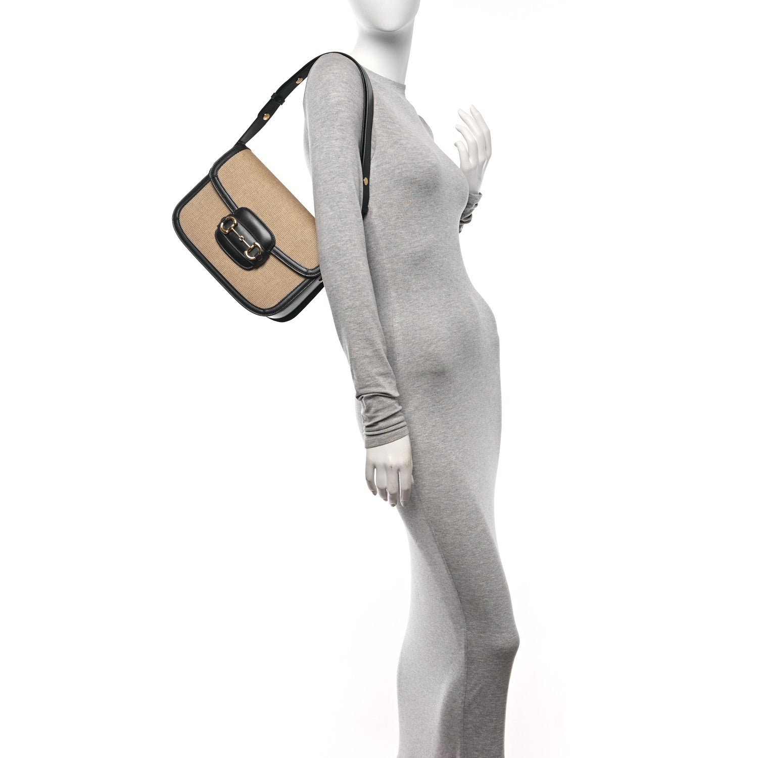 Gucci Vintage Rice Canvas Plutone Calfskin Horsebit 1955 Shoulder Bag Beige Blue 2 of 10
