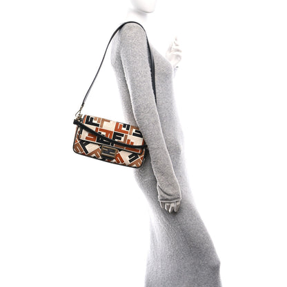 Fendi Canvas Vitello Seta FF Multicolor Embroidered Baguette Brandy Black 2 of 10
