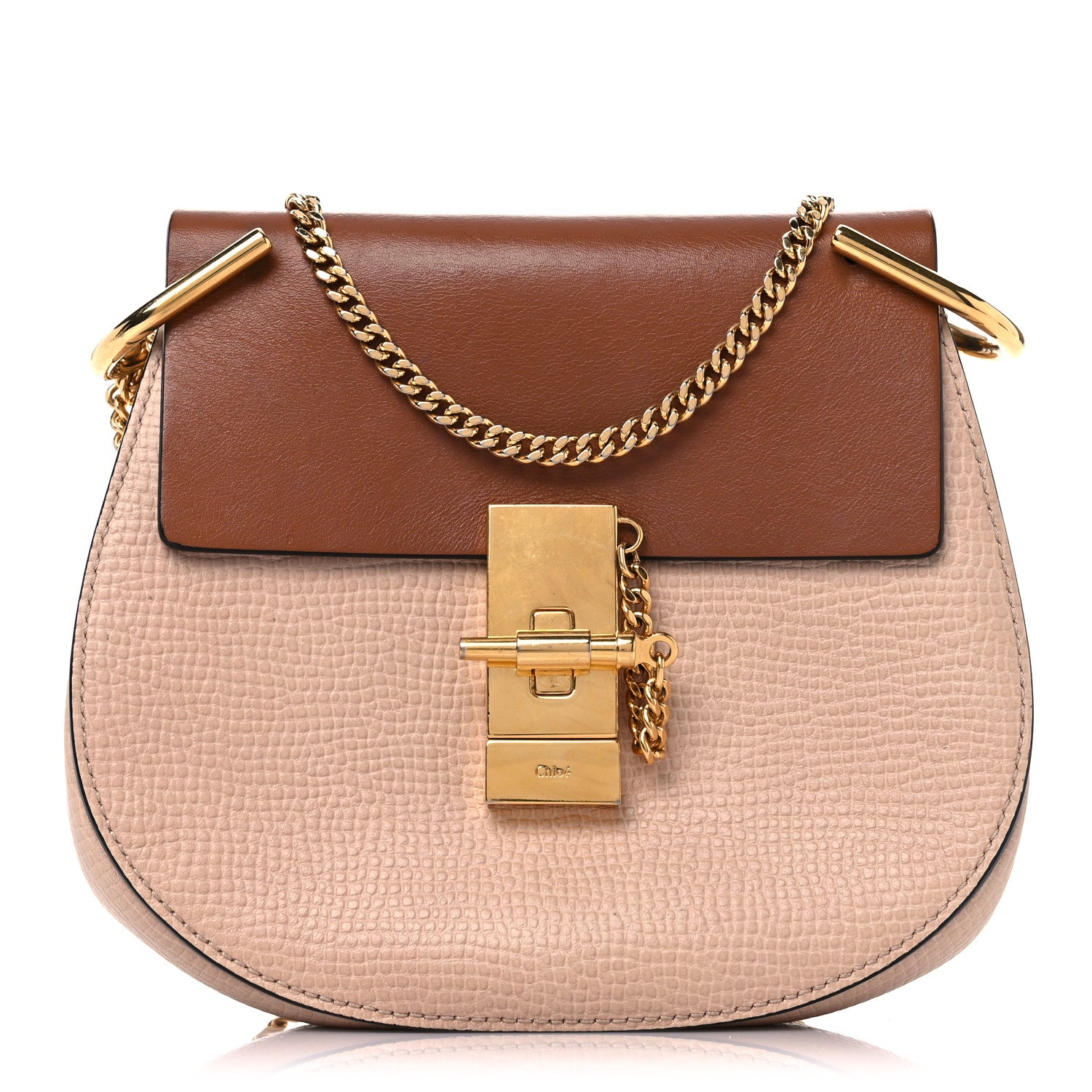Chloe Grained Calfskin Lambskin Mini Bi-Color Drew Shoulder Bag Powder Beige Caramel 1 of 15