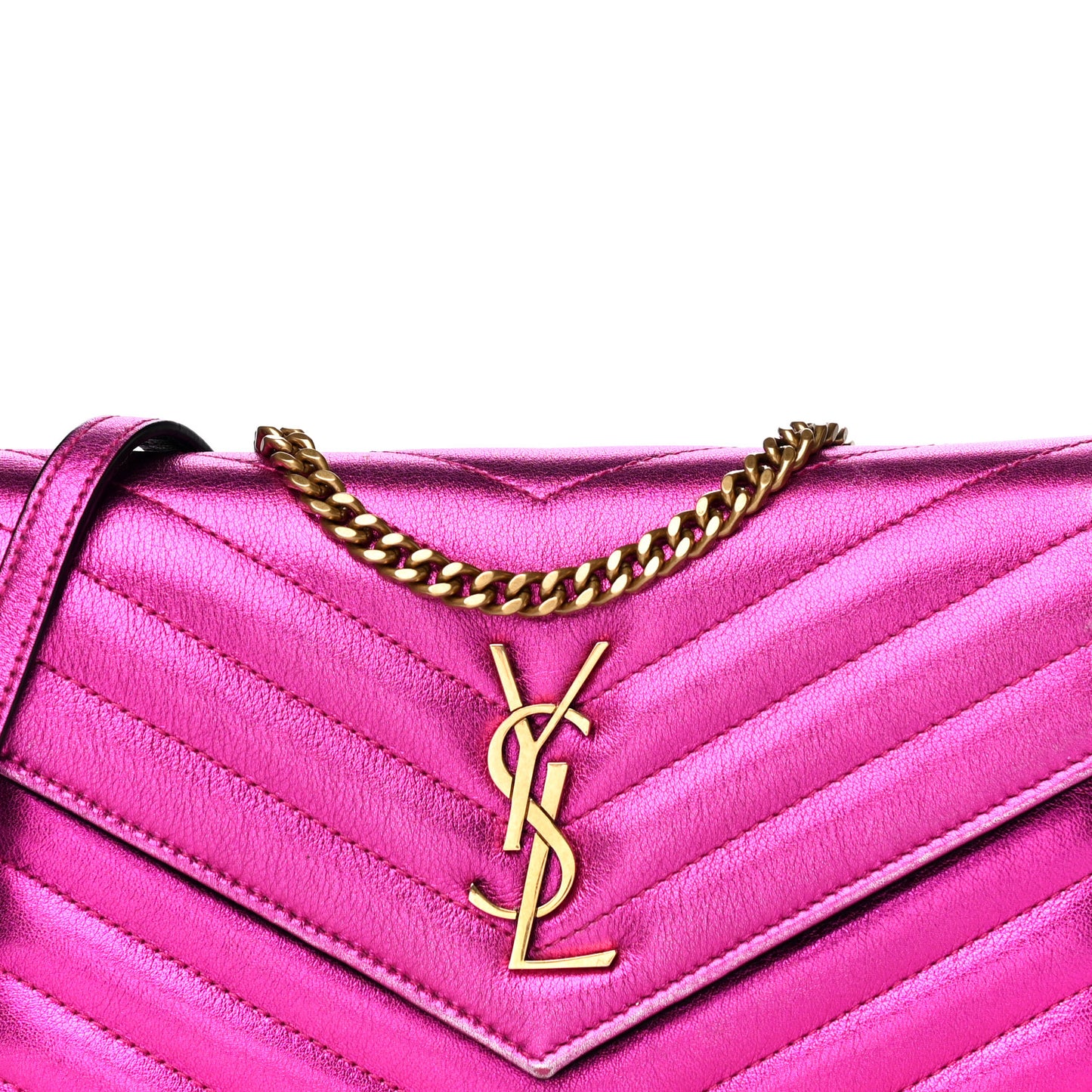 Metallic Calfskin Matelasse Chevron Monogram Envelope Chain Wallet Fuchsia