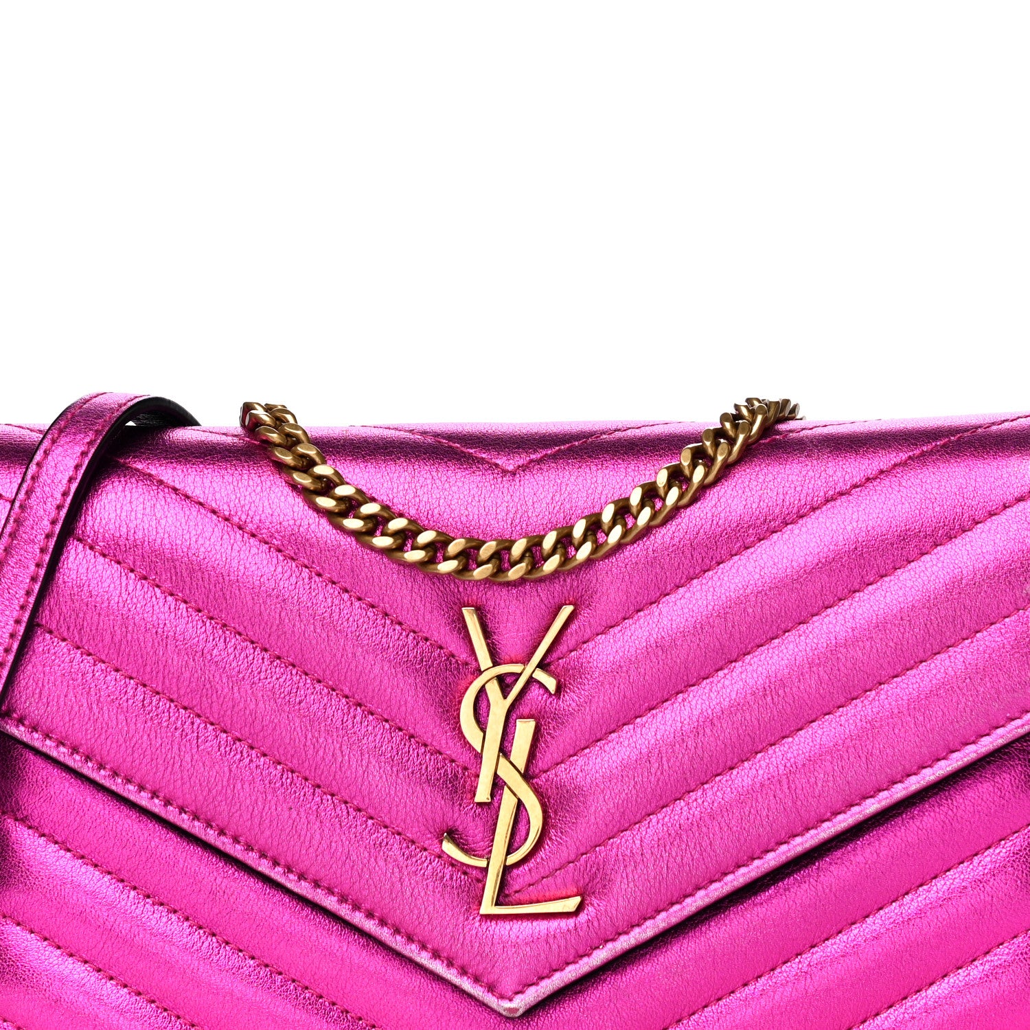 Saint Laurent Metallic Calfskin Matelasse Chevron Monogram Envelope Chain Wallet Fuchsia 7 of 15