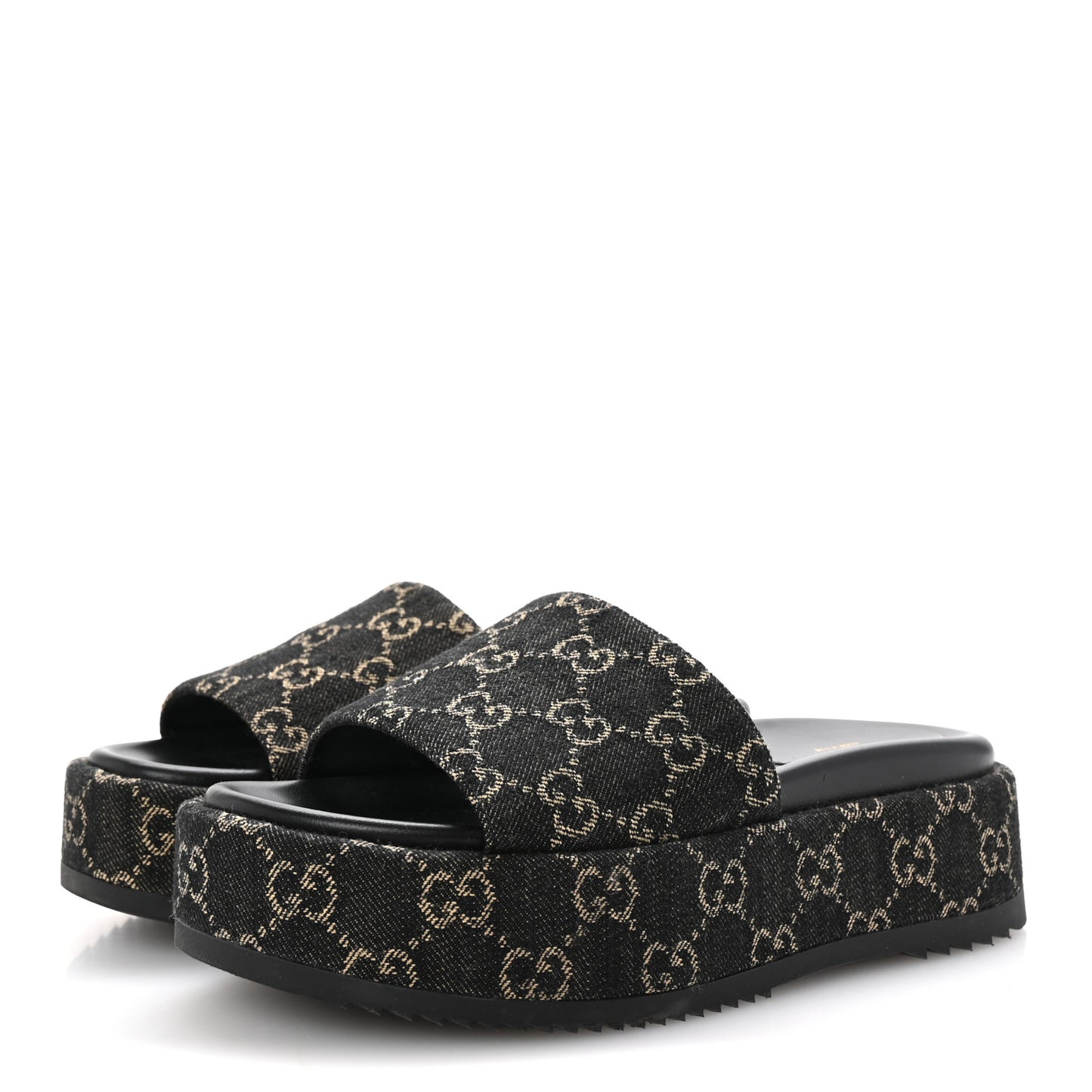 Jacquard Black Denim GG Monogram Angelina Platform 55mm Slide Sandals 37 Black Ivory