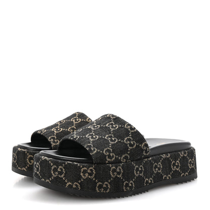 Gucci Jacquard Black Denim GG Monogram Angelina Platform 55mm Slide Sandals 37 Black Ivory 4 of 10