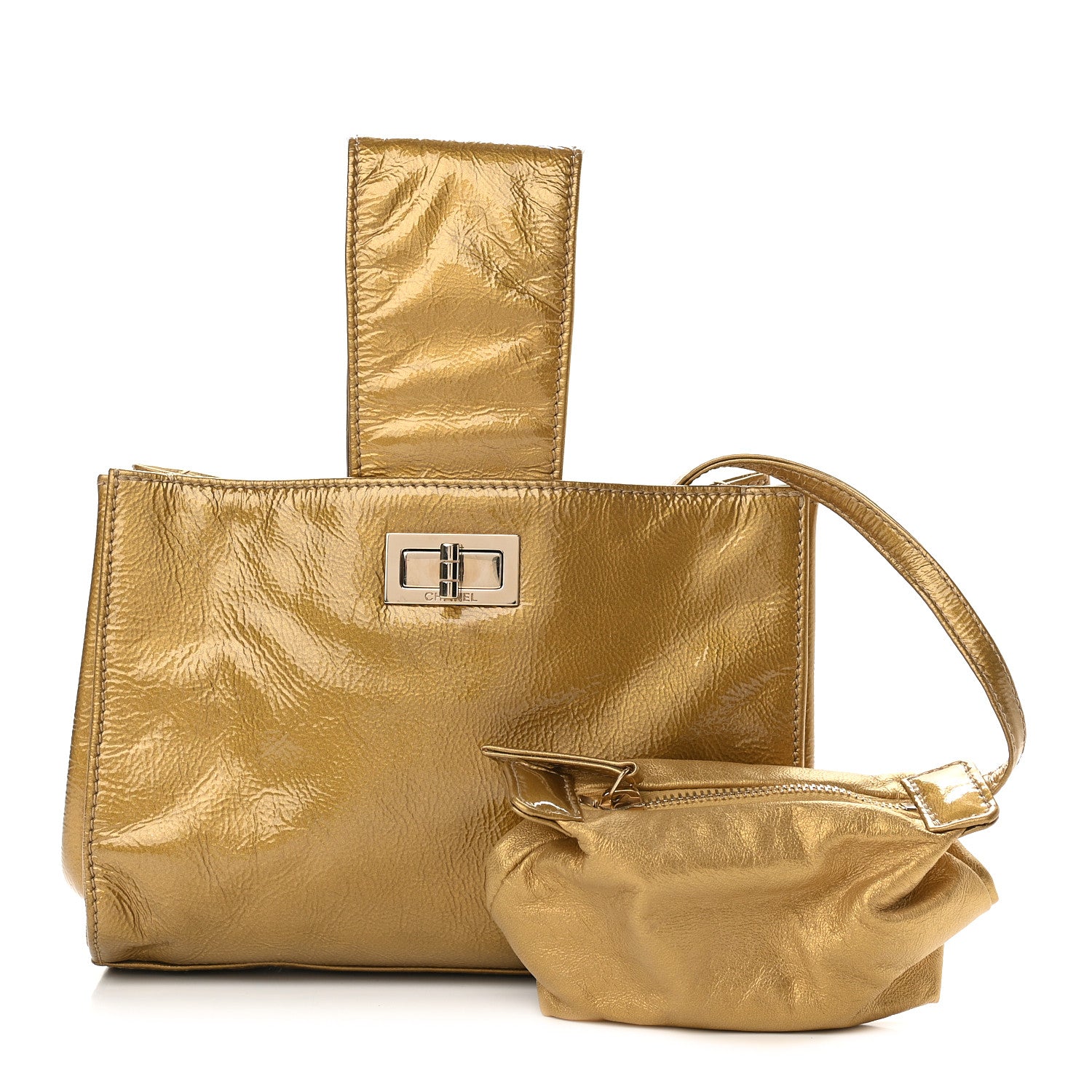 Chanel Metallic Patent Mademoiselle Lock Convertible Wrist Clutch Bag Gold 1 of 11