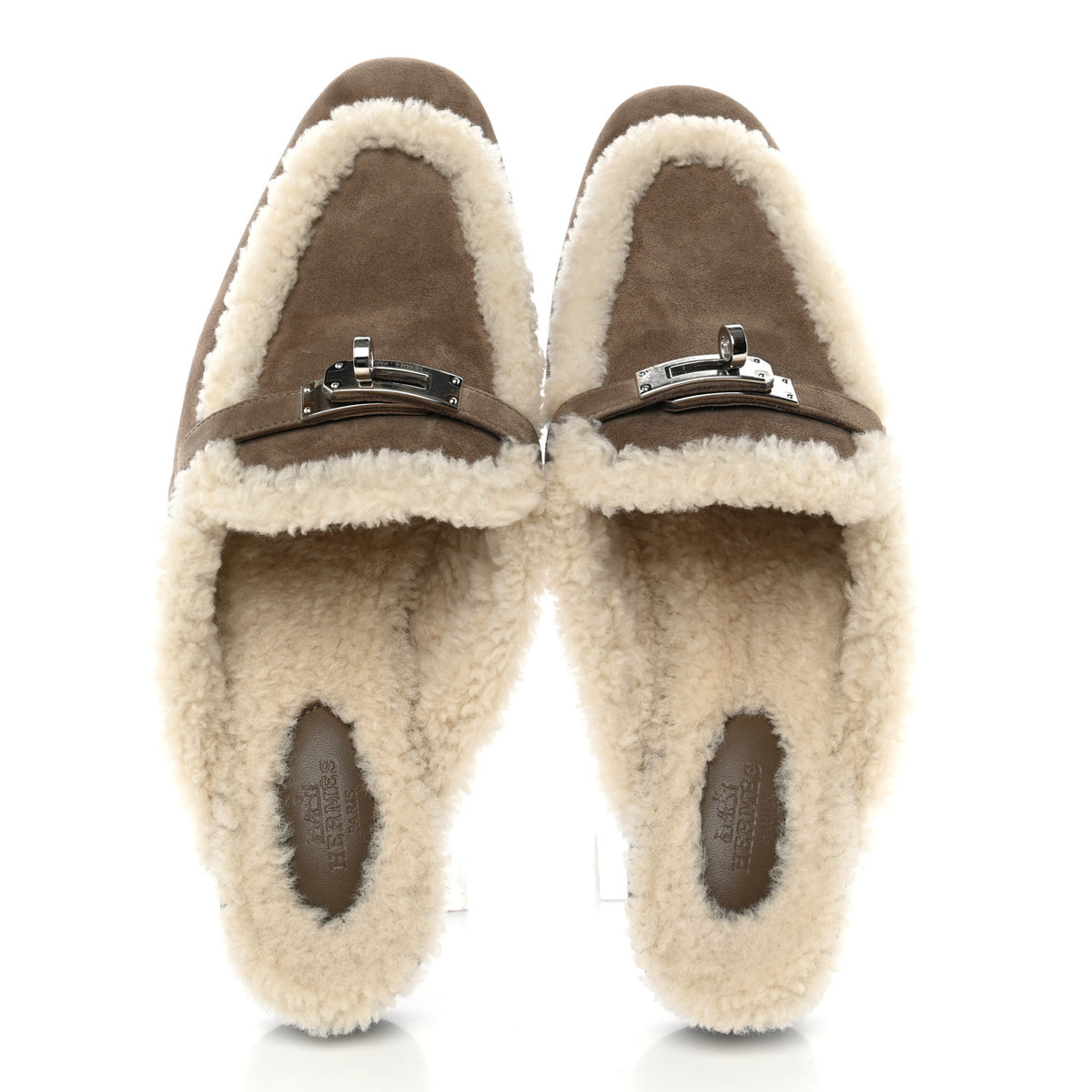 Hermes Suede Goatskin Shearling Womens Oz Mules 39 Etoupe Ecru 2 of 13