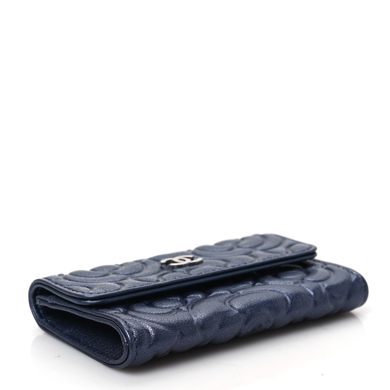 Chanel Goatskin Camellia Embossed Flap Card Holder Wallet Dark Blue 4 of 9