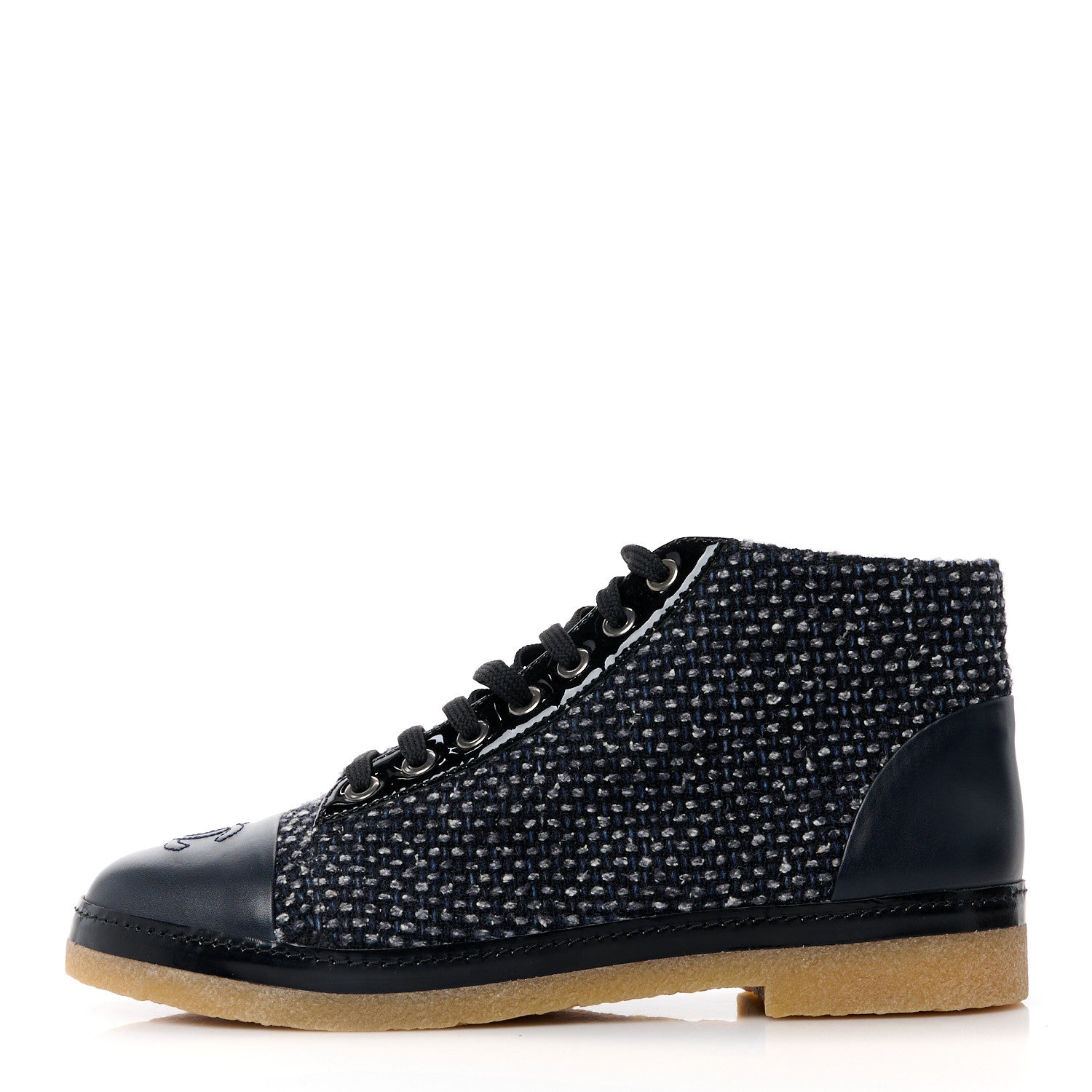 Chanel Tweed Calfskin Patent CC Lace Up Short Boots 38 Black Grey Dark Navy 1 of 9