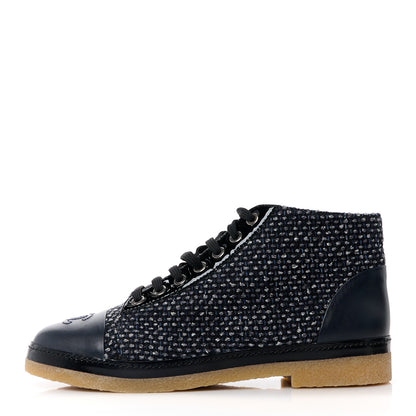 Chanel Tweed Calfskin Patent CC Lace Up Short Boots 38 Black Grey Dark Navy 1 of 9