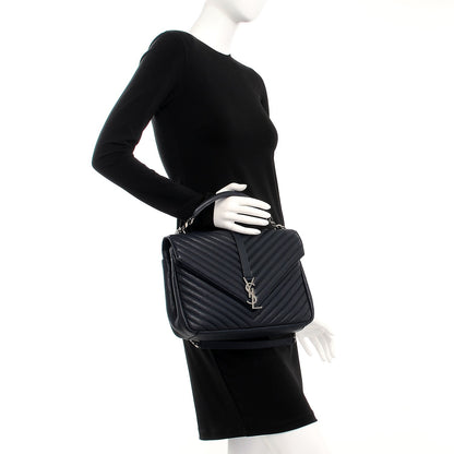 Saint Laurent Sheepskin Matelasse Chevron Monogram Large College Satchel Navy Blue 3 of 8