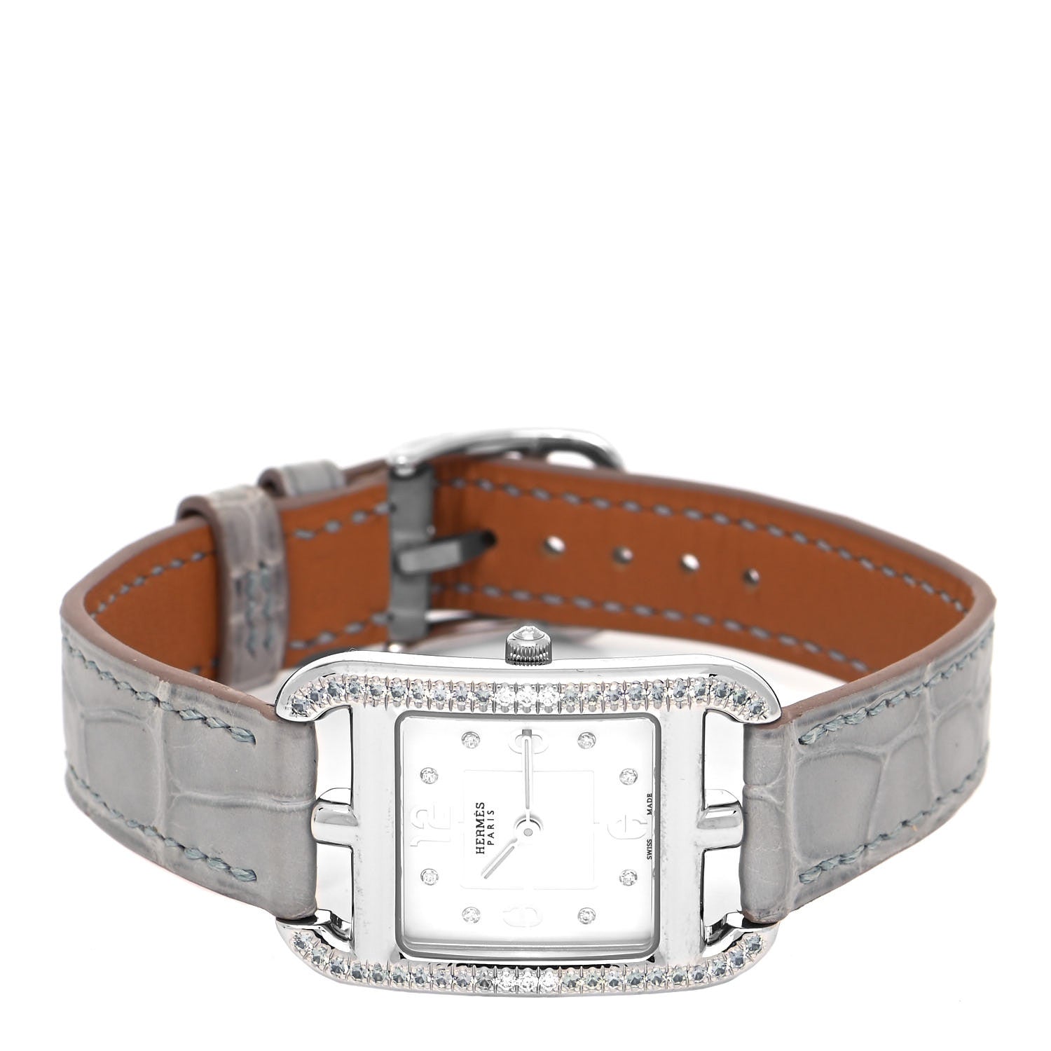 Hermes Stainless Steel Alligator Diamond Bezel Grey Sapphire Mother of Pearl 23mm Cape Cod Quartz Watch Gris Perle 2 of 5