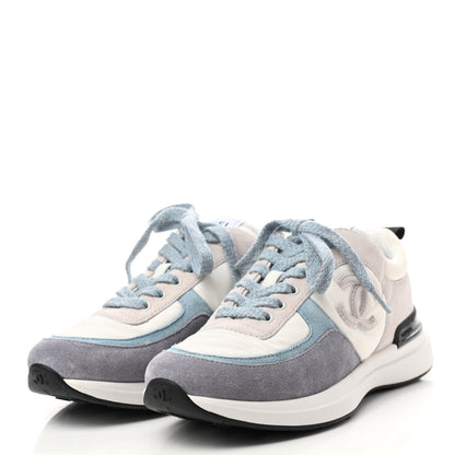 Chanel Nylon Calfskin Suede Womens CC Sneakers 36.5 White Grey Blue 3 of 8