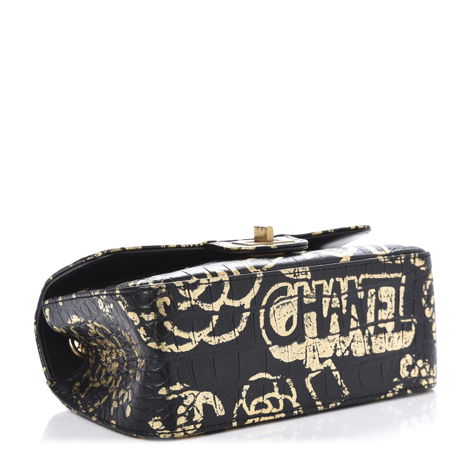 Chanel Calfskin Crocodile Embossed Graffiti 2.55 Mini Cocodile Reissue Flap Black Gold 4 of 10