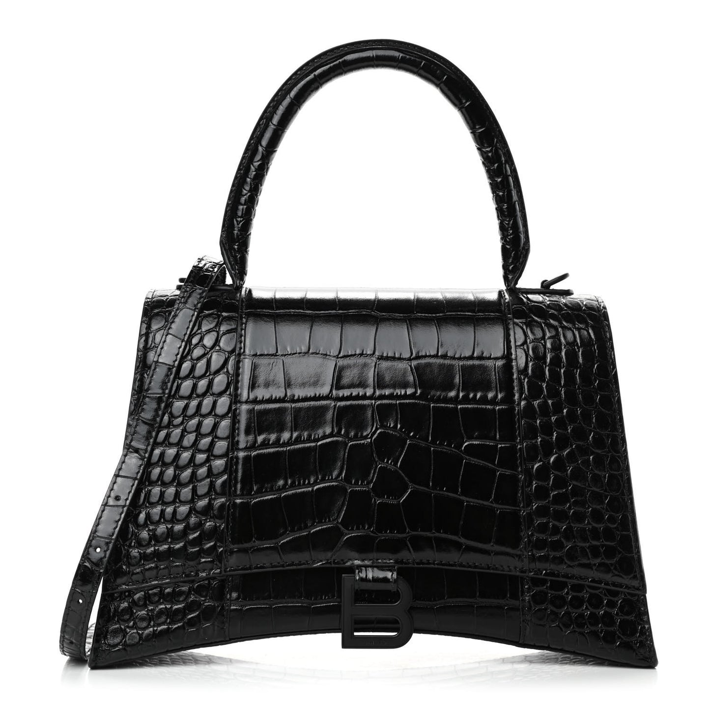 Shiny Calfskin Monochrome Crocodile Embossed Medium Hourglass Top Handle Bag Black