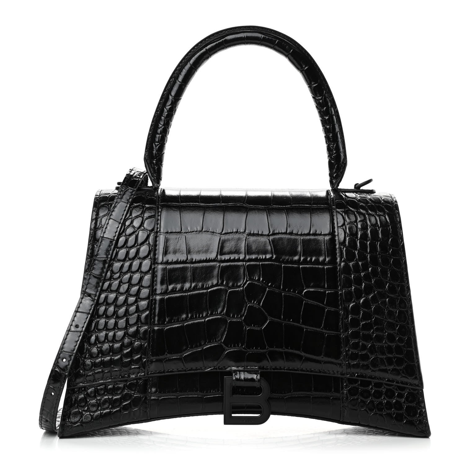 Balenciaga Shiny Calfskin Monochrome Crocodile Embossed Medium Hourglass Top Handle Bag Black 1 of 4