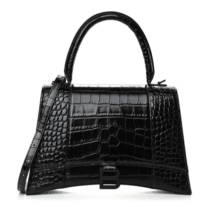 Balenciaga Shiny Calfskin Monochrome Crocodile Embossed Medium Hourglass Top Handle Bag Black 1 of 4