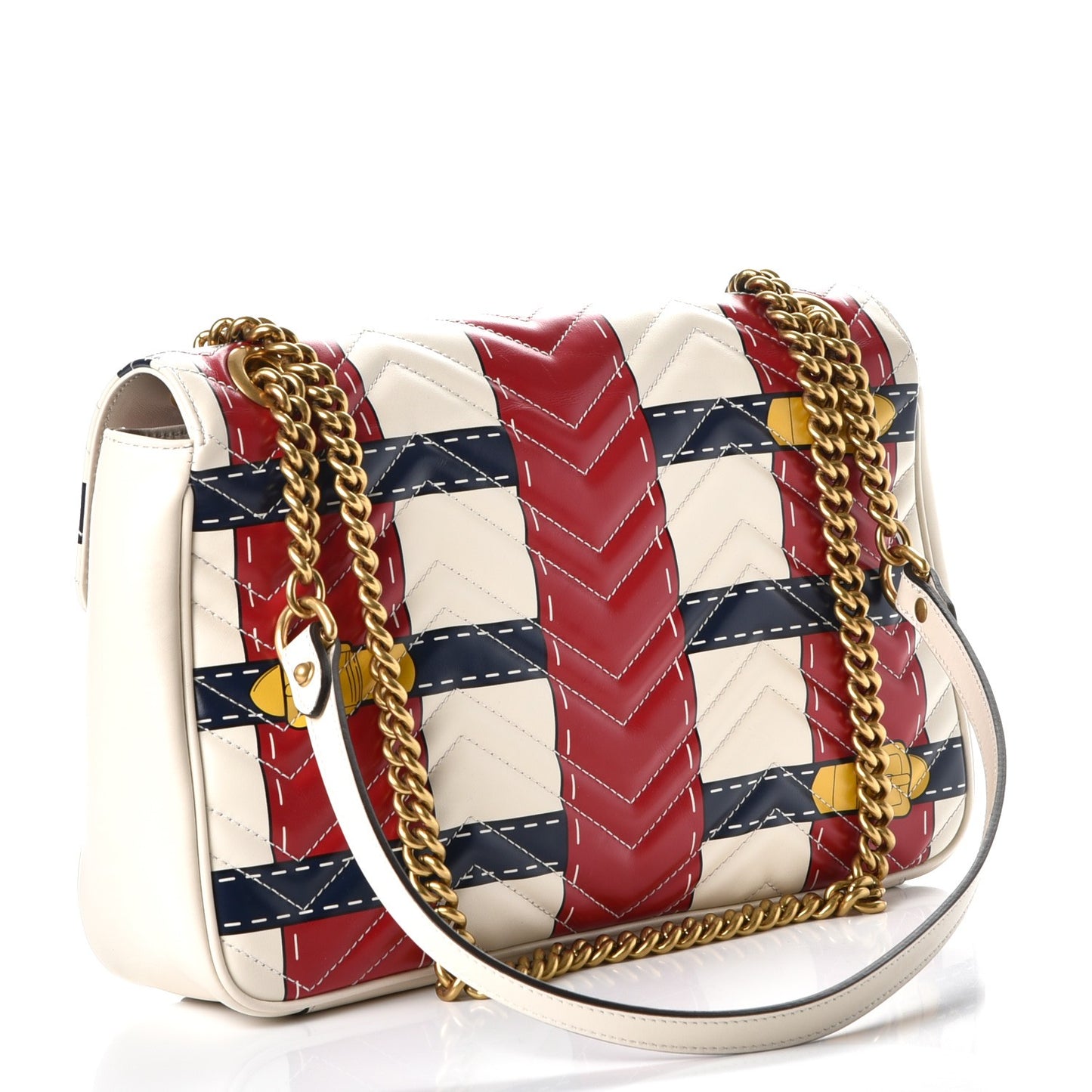 Calfskin Matelasse Trompe L'Oeil Print Medium GG Marmont Shoulder Bag Mystic White Hibiscus Red Marine Giallo