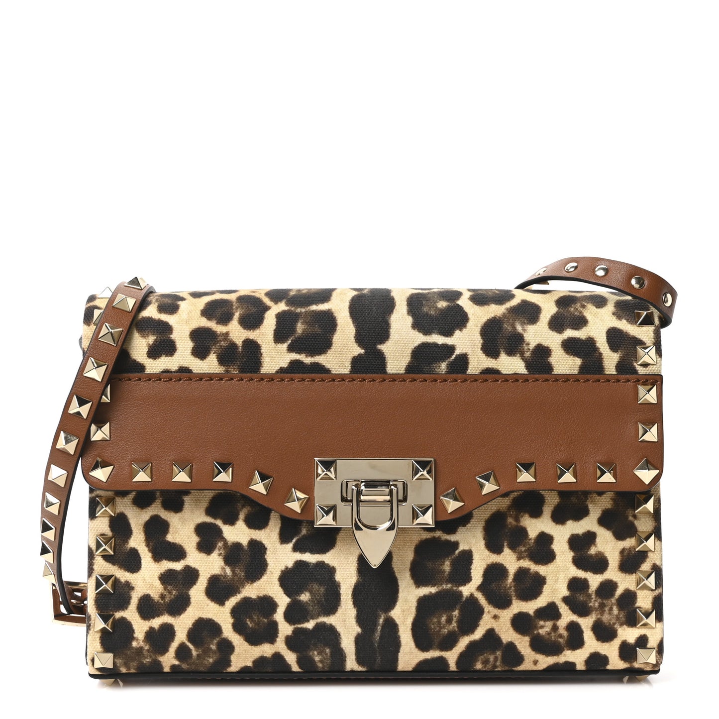 Calfskin Canvas Leopard Print Medium Rockstud Flip Lock Crossbody Bag Tan