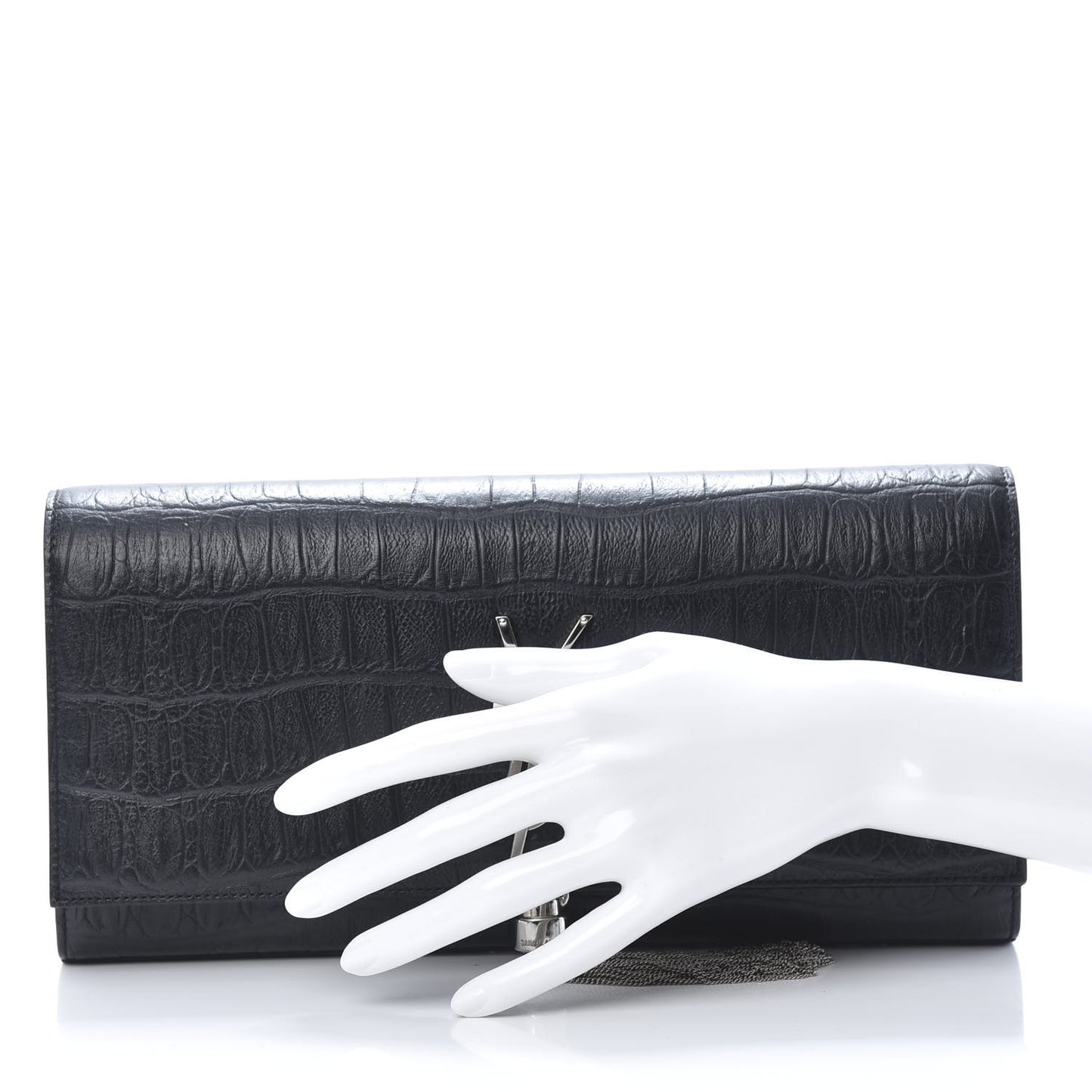 Calfskin Crocodile Embossed Classic Monogram Tassel Clutch Black