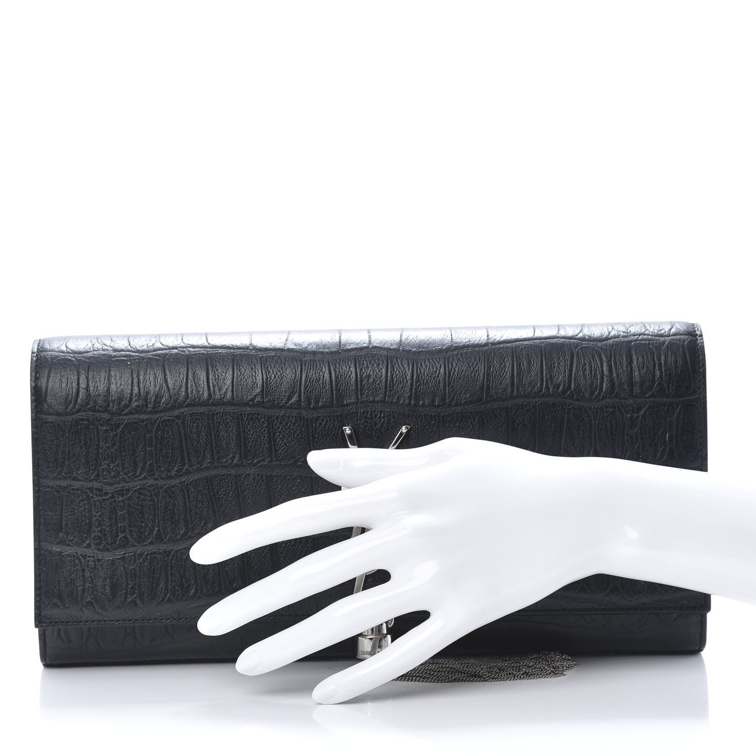 Saint Laurent Calfskin Crocodile Embossed Classic Monogram Tassel Clutch Black 2 of 11