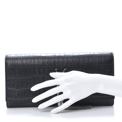 Saint Laurent Calfskin Crocodile Embossed Classic Monogram Tassel Clutch Black 2 of 11