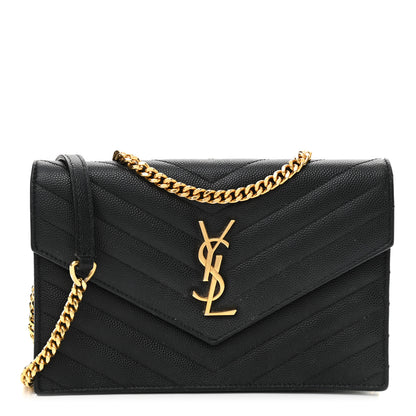 Saint Laurent Grain De Poudre Matelasse Chevron Monogram Chain Wallet Black 1 of 9