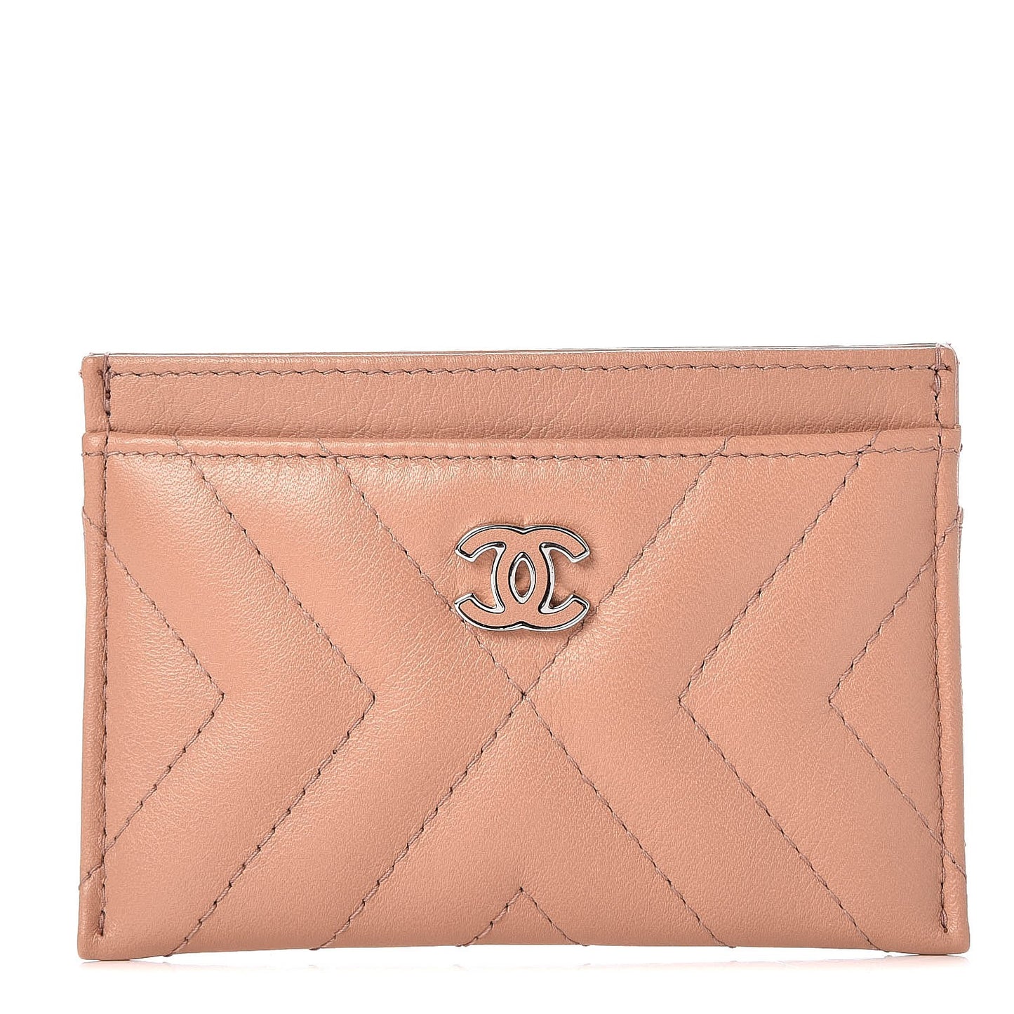 Calfskin Chevron Quilted Card Holder Beige