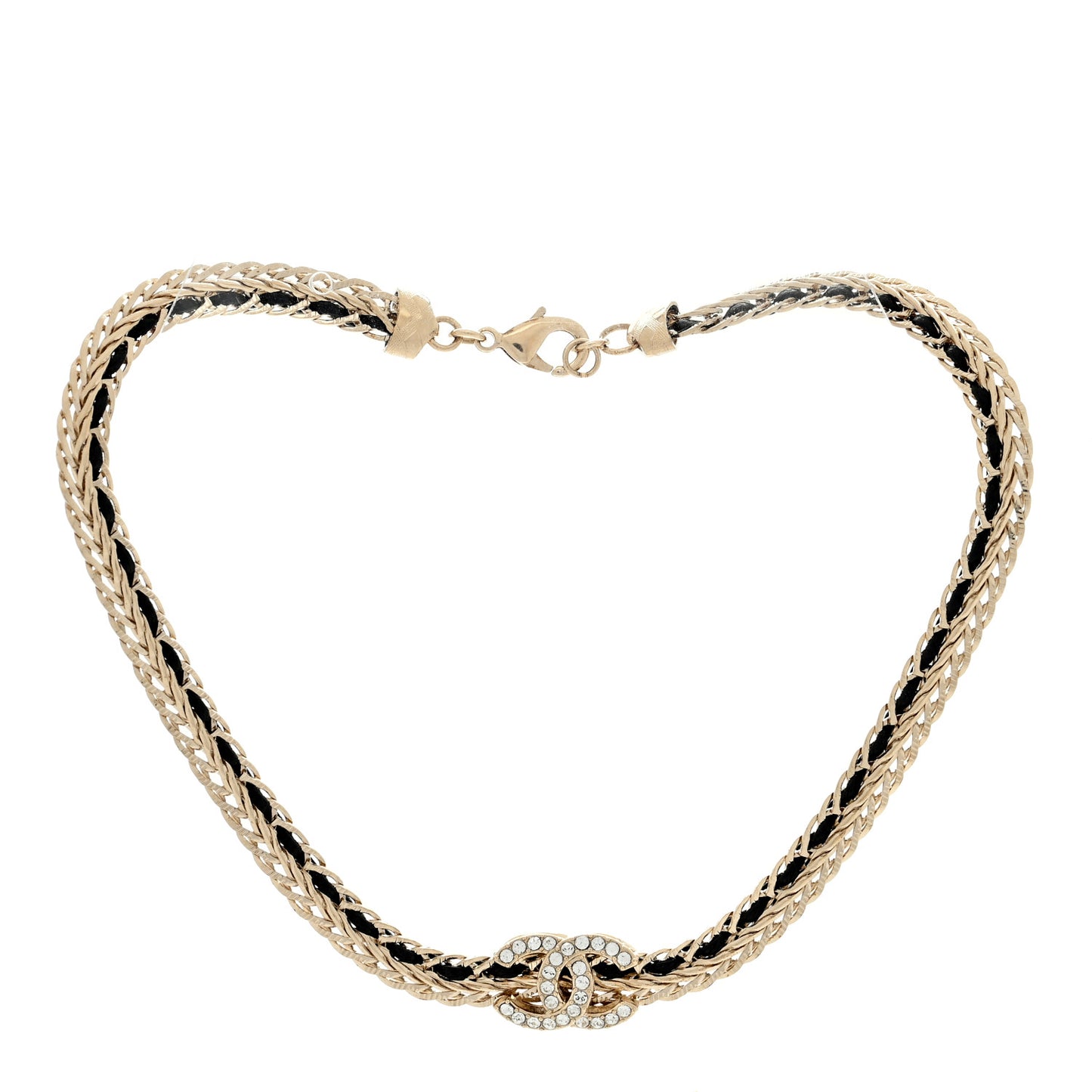 Metal Lambskin Crystal Chain CC Necklace Black Gold