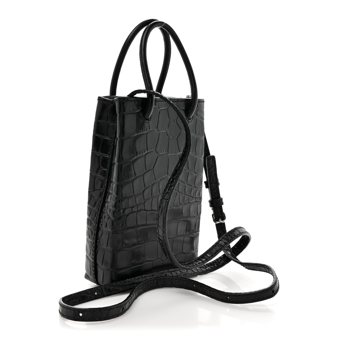Calfskin Crocodile Embossed Logo Shopping Phone Holder Bag Black