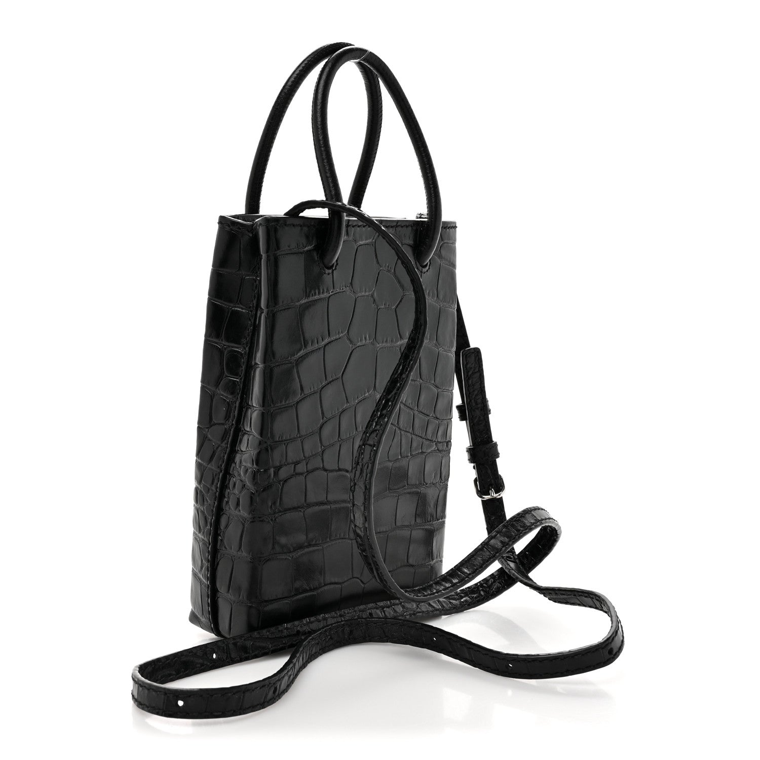 Balenciaga Calfskin Crocodile Embossed Logo Shopping Phone Holder Bag Black 3 of 10