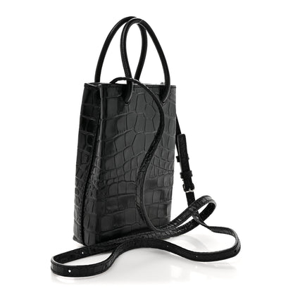 Balenciaga Calfskin Crocodile Embossed Logo Shopping Phone Holder Bag Black 3 of 10