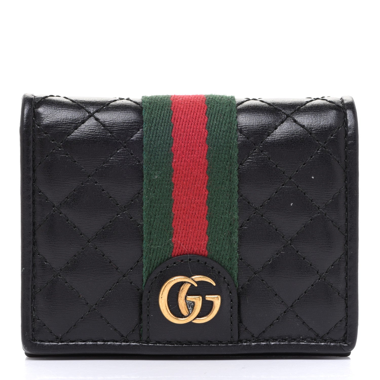 Gucci Calfskin Web Trapuntata GG Marmont Card Case Wallet Black 1 of 8