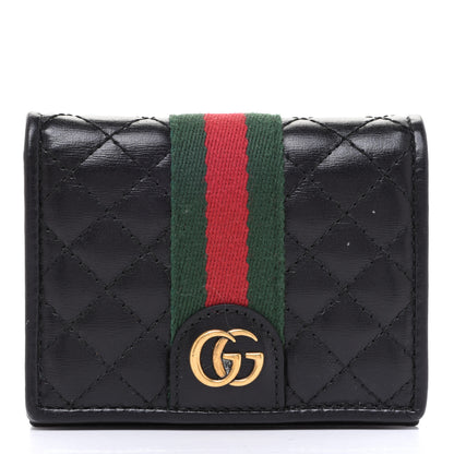 Gucci Calfskin Web Trapuntata GG Marmont Card Case Wallet Black 1 of 8