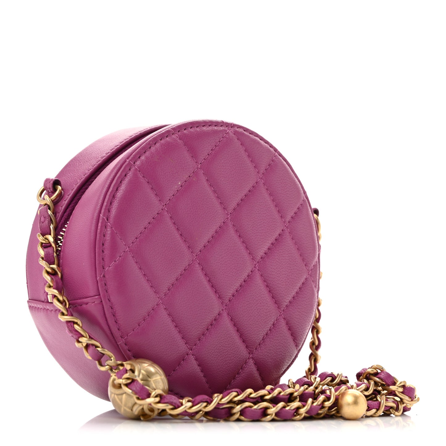 Lambskin Quilted Round Pearl Crush Clutch With Chain Purple