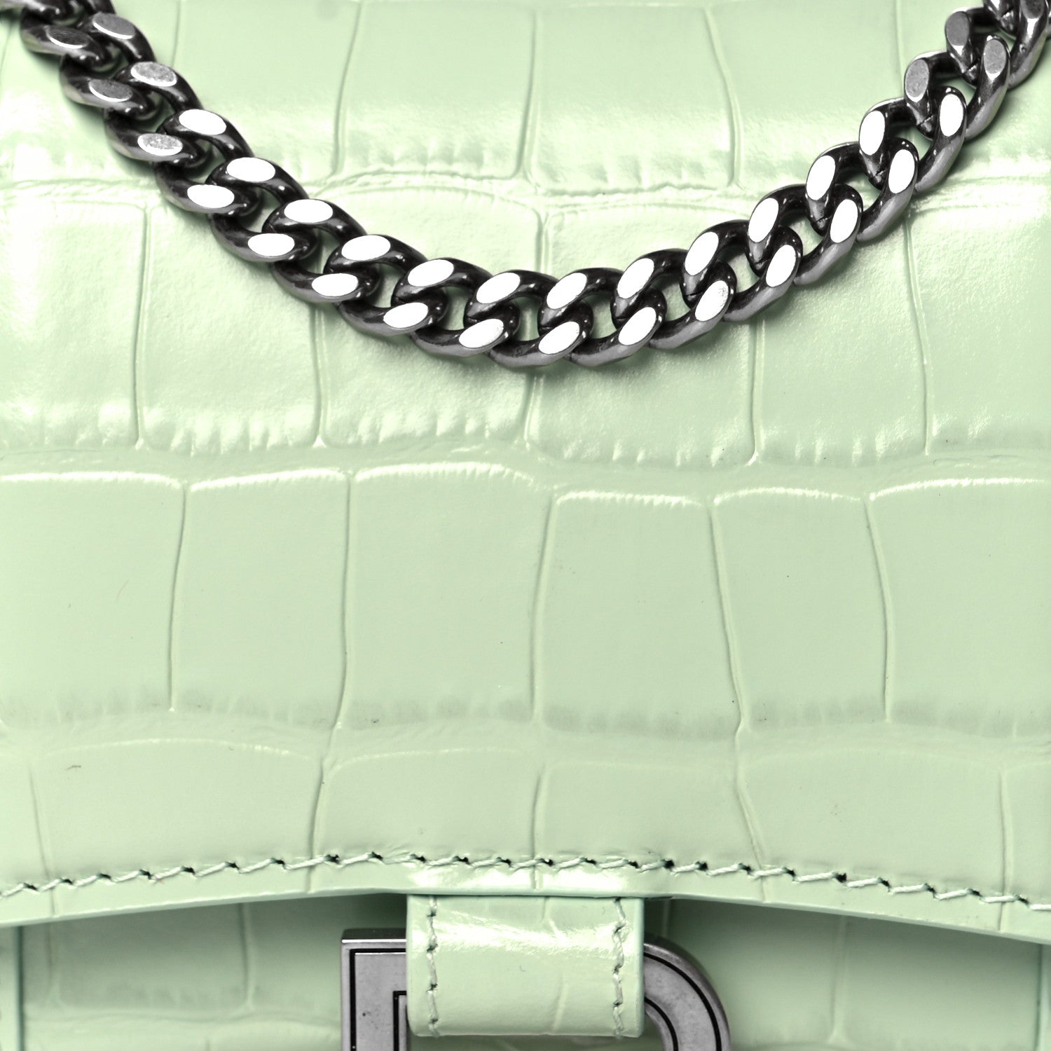 Balenciaga Shiny Calfskin Crocodile Embossed Hourglass Chain Bag Light Green 6 of 8