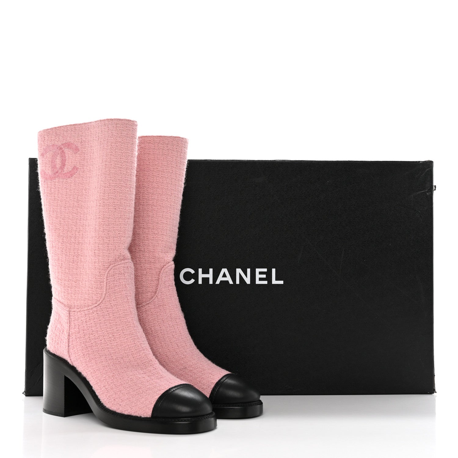 Chanel Wool Tweed Calfskin Cap Toe High Boots 39.5 Light Pink Black 11 of 11