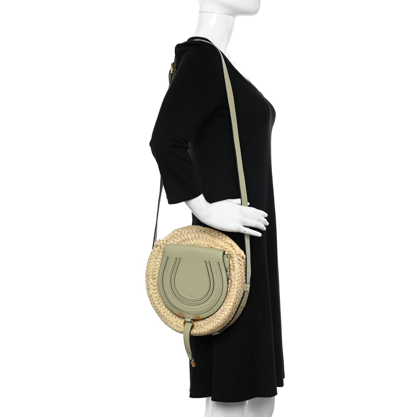 Raffia Small Grain Calfskin Small Marcie Basket Crossbody Faded Green